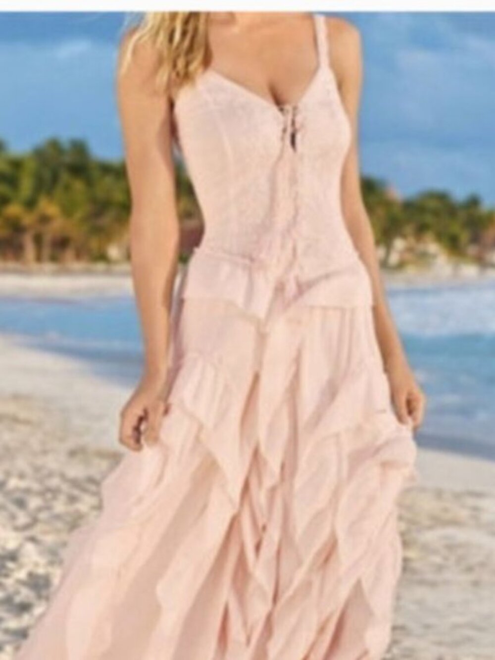 Venus Pink Ruffle Lace Up Maxi Dress, size Large - Picture 3 of 11
